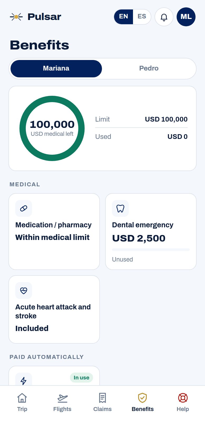 Pulsar app, benefits screen: USD 100,000 medical limit left for each traveler