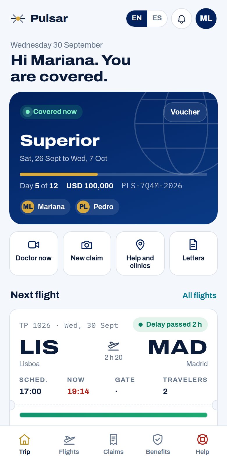Pulsar app, trip screen: plan Superior, covered now, day 5 of 12, buttons for Doctor now, New claim, Help and clinics, Letters